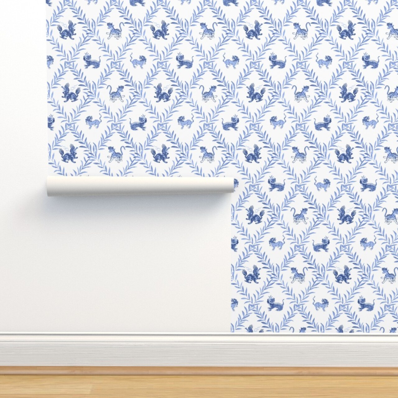 Chinoiserie Blue And White Lattice Trellis Botanical Vines Diamond Custom Pre-pasted Wallpaper by Spoonflower Pre-Pasted Wallpaper 2FT Wide